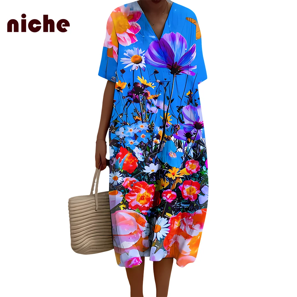 Vestido de mujer con estampado gráfico de flores de colores contrastantes, tela suave y cómoda de alta calidad, nueva falda para vacaciones en la playa