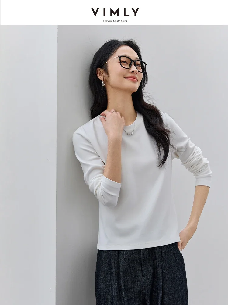 VIMLY Long Sleeve Bottoming Shirt 2025 Spring Women Simple Causal Solid Medium Long Length T-Shirt Loose Commuter Undershirt Top