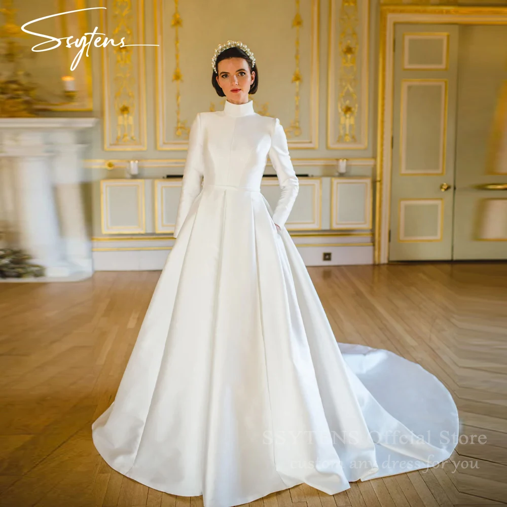 SSYTENS High Neck Muslim Wedding Dresses For Women Modest Long Sleeves Pleats Satin Bridal Gowns with Pockets Buttons Customized