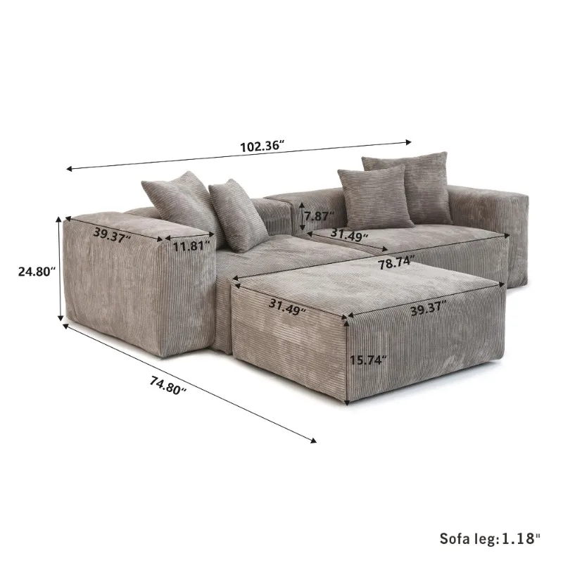 Moderne Corduroy Stoffen Sectionele Bank Met 4 Kussens 102 Inch L-vormige Bank Met Chaise Hardhouten Frame Bank Voor Woonkamer