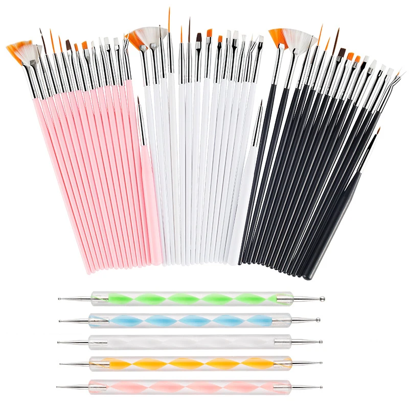 20Pcs/Set New Nail Art Brush Design Tip Painting Drawing Carving Dotting Pen FlatFan Liner Acrylic Gel UV Polish Manicure Tools