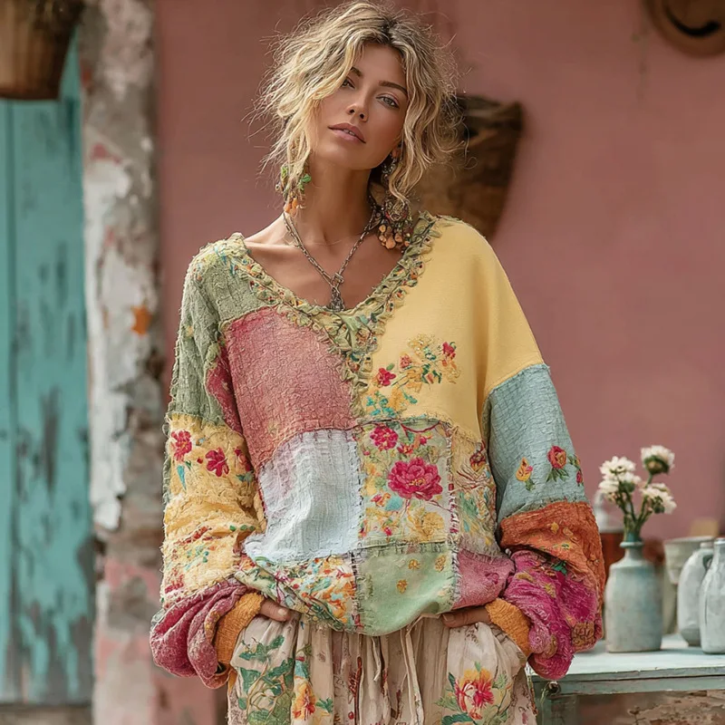 Large Size Women Relaxed V-neck Flower Blouses Retro Bohemian Contrast Plaid Printing Full Sleeve T-shirts Autumn Winter Street