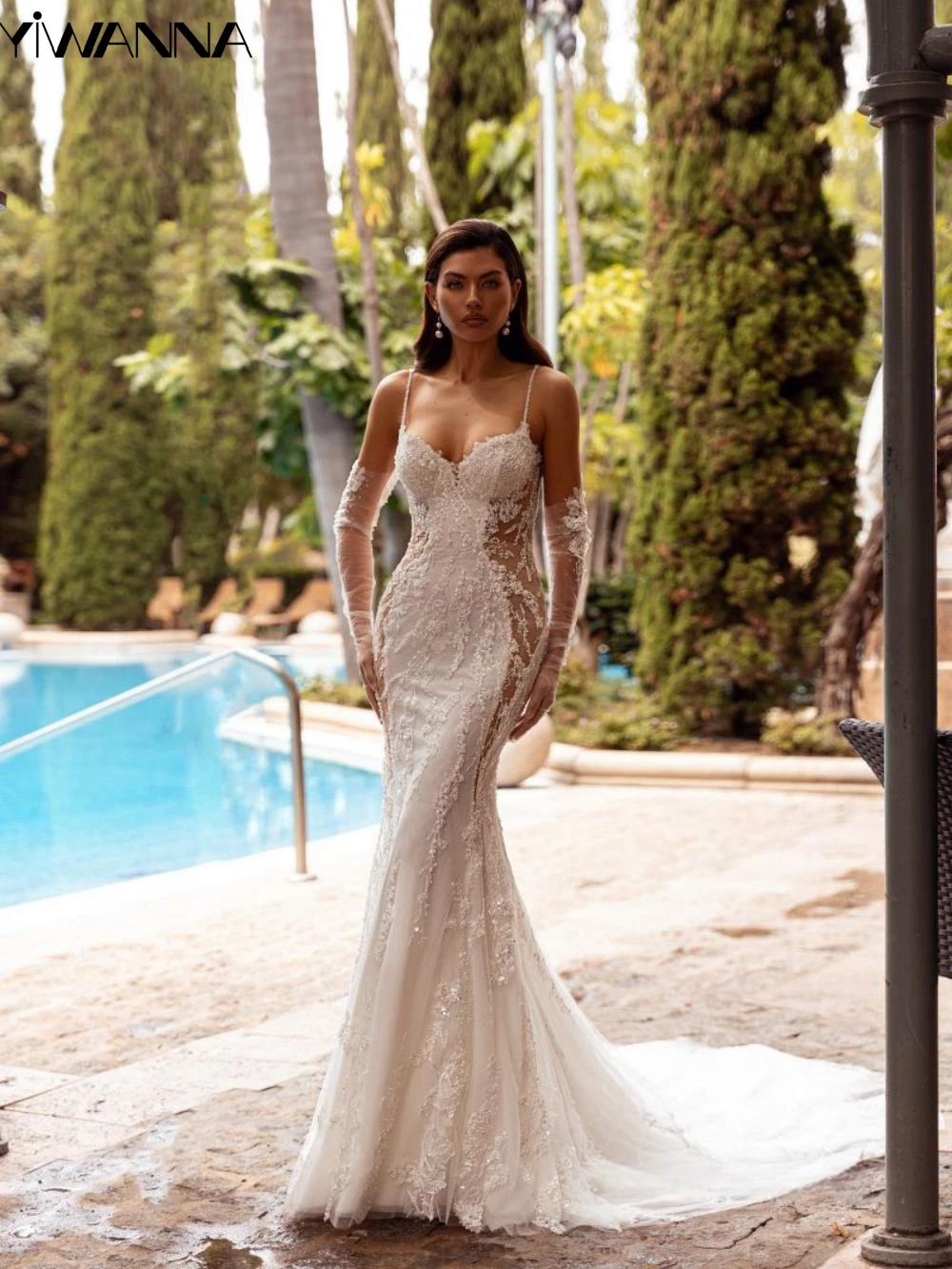 Vestido De novia De lentejuelas brillantes con tirantes finos, vestido De novia De sirena elegante, ilusión Sexy