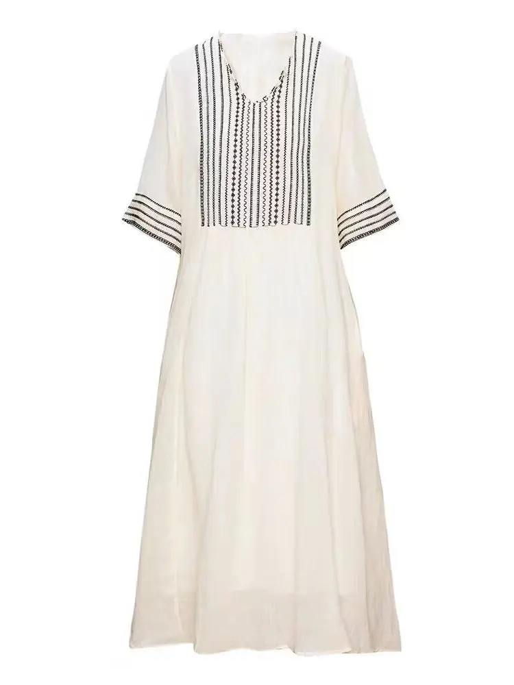 Ele V-ne Geborduurd Linnen Dr Dames Losse Lange Rok Zomer Woon-werk Sle Medium Softn ort Sve Plant Bloemen