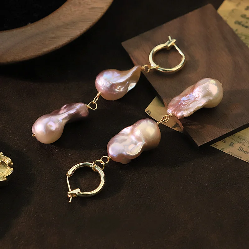 Baroque Pearl Long Dangle Earrings Purple Black Freshwater Pearl Hoop Drop Earrings Luxury Jewelry for Women Wedding Party Gifts