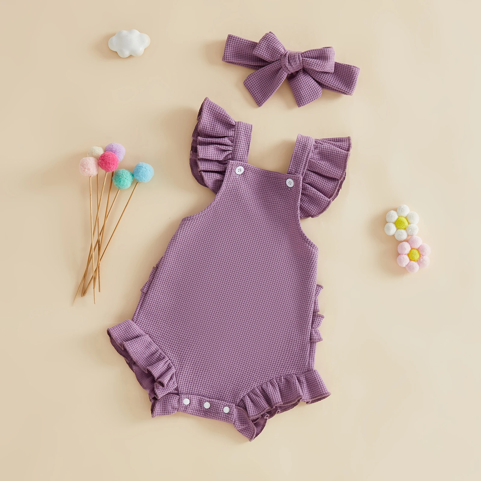 Lovely Summer Newborn Baby Girls Casual Rompers Solid Color Ruffles Sleeve Backless Waffle Jumpsuits Headband Sunsuits Outfits