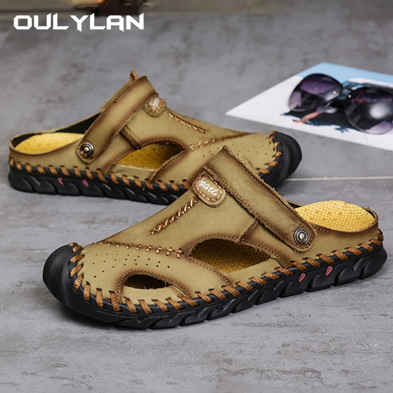 Oulylan Men's Sandals High Quality Handmade Casual Shoes Lightweight Non-slip Men Sneakers Driving Flats Beach Sandals