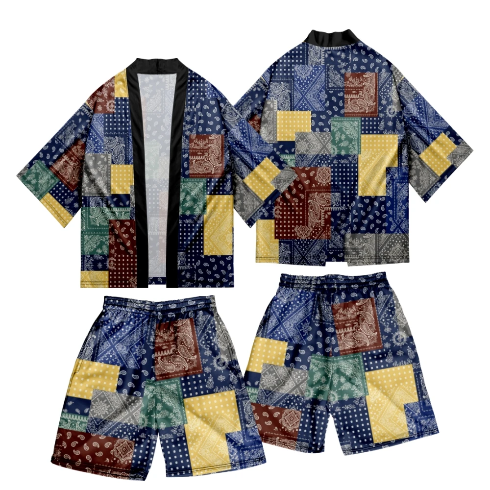 Harajuku Cashew Print Cardigan Haori Cosplay Kimono Shorts Sets Japanese Traditional Clothes Women Men Two Piece Suit