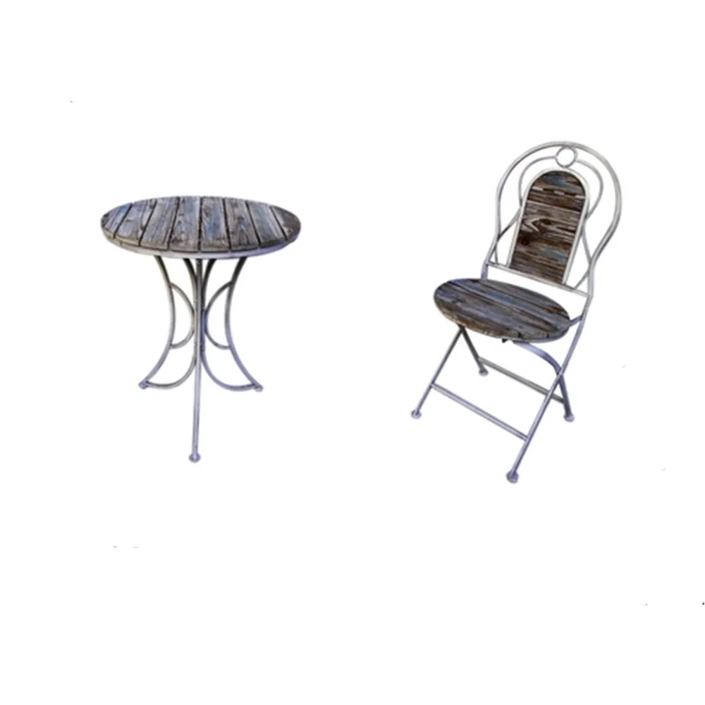 Patio Furniture Outdoor Solid Wood Iron Courtyard  Leisure Garden Terrace Luxury Folding Party Table and Chair Three-Piece Set