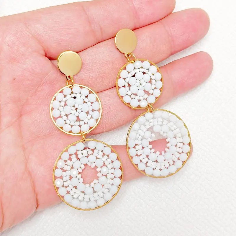 Rice bead earrings Roundness Double-deck Crystal Originality Geometry Hand knitting Bohemia Alloy Fashion Simple Beaded earrings