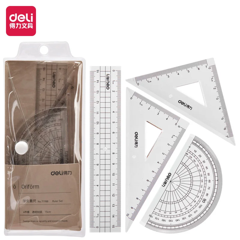 4PCS/SET Deli 71988 Student Ruler Set Plastic 15cm Straight Ruler Include Protractor Right Triangle Ruler