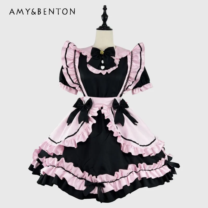 

2025 New Japanese Lolita Black Pink Maid Cos Sweet Girl Cute Cat Bow Fashion Dress For Women