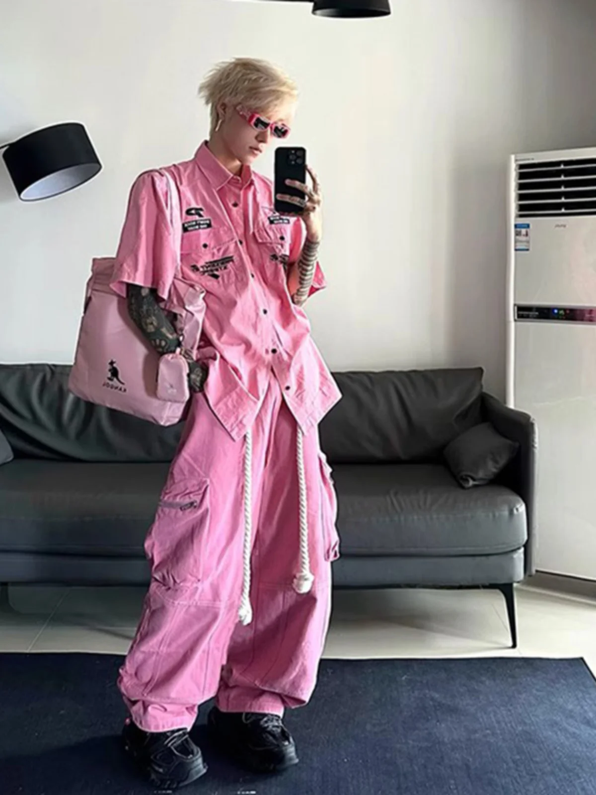 

Розовые прямые брюки для работы, мужские летние тонкие брюки в стиле американского хип-хопа, модные повседневные брюки свободного кроя в стиле High Street Dstring