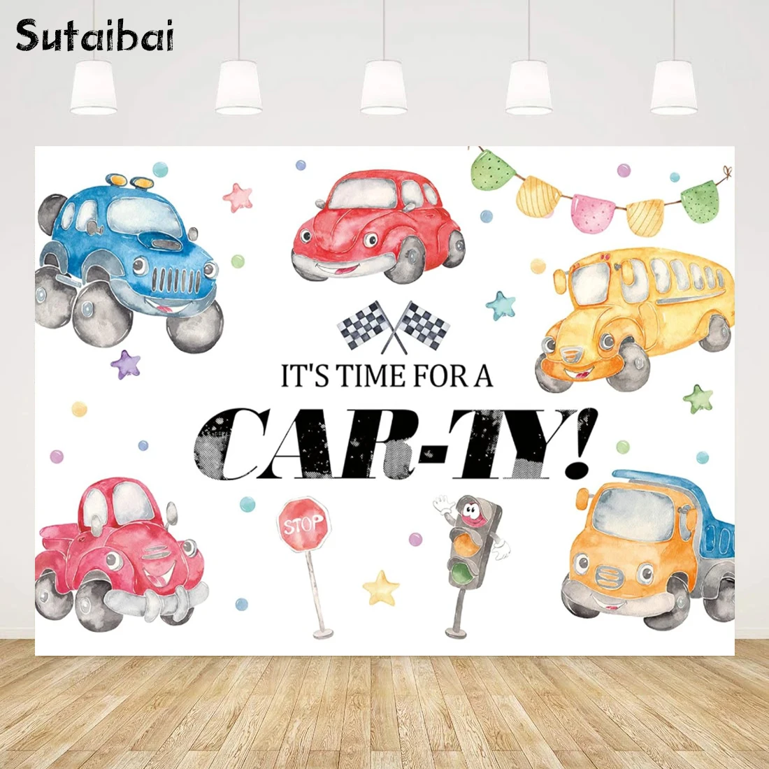 Cars Backdrop for Children Boys Birthday Party Checkered Flag Racing Car Story Photo Background It's Time for Car-ty Banner