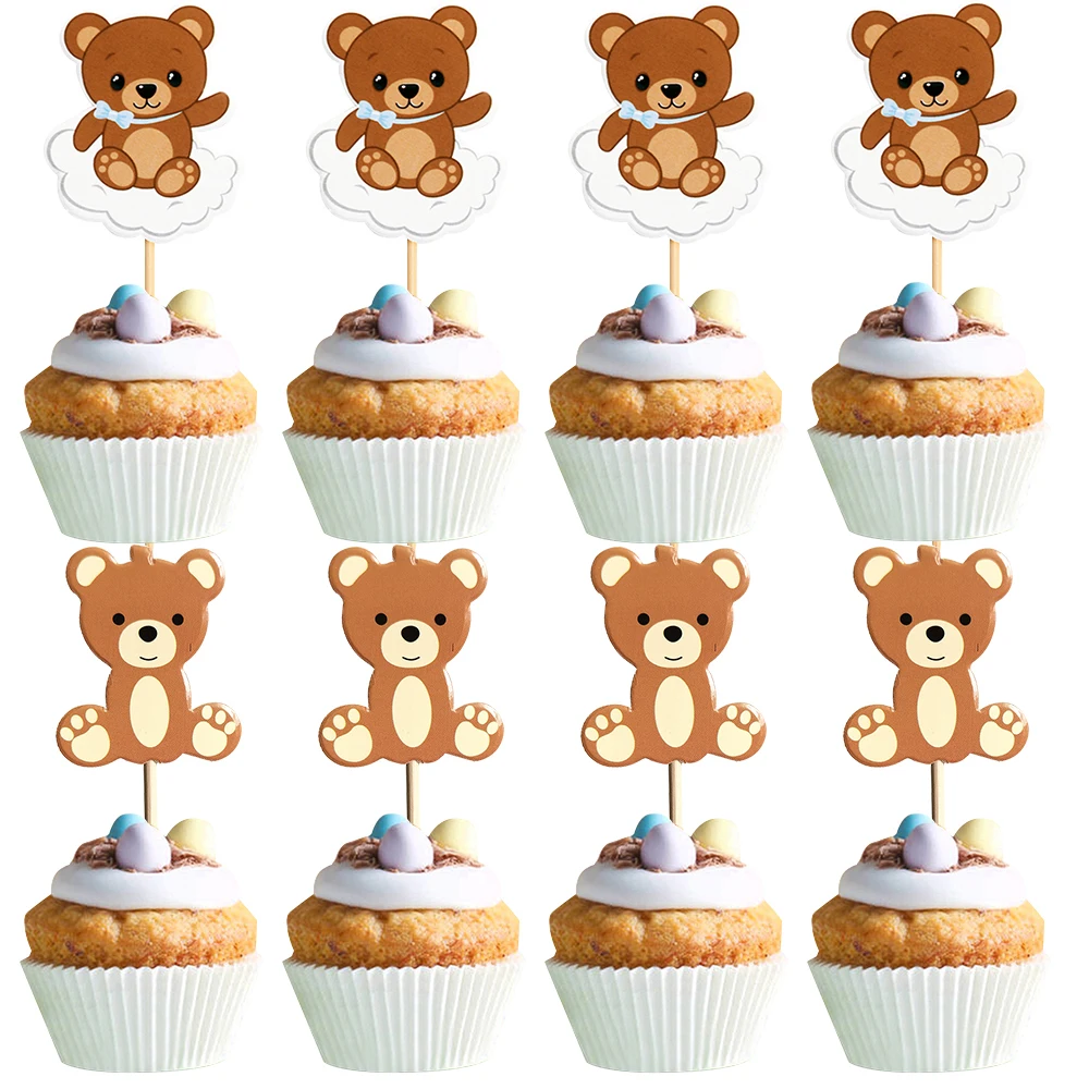 10/20PCS Bear Paper Cake Topper Carton Bear Toppers for Kids Bear Themed Happy Birthday Party Decorations DIY Cake Supplies