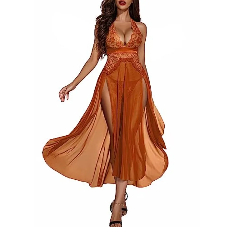 

Women Lingerie Deep V Neck Nightwear One Pcs Sexy Nightgowns Mosaic Lace Mesh Dress