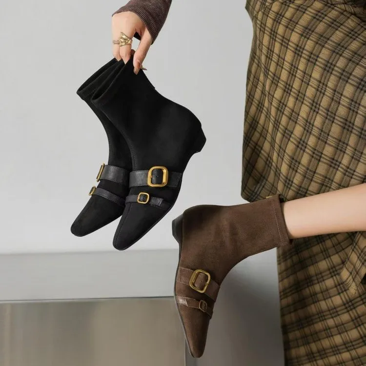 

Retro small square head belt buckle after zipper short boots for women autumn and winter new fashion versatile slim boots