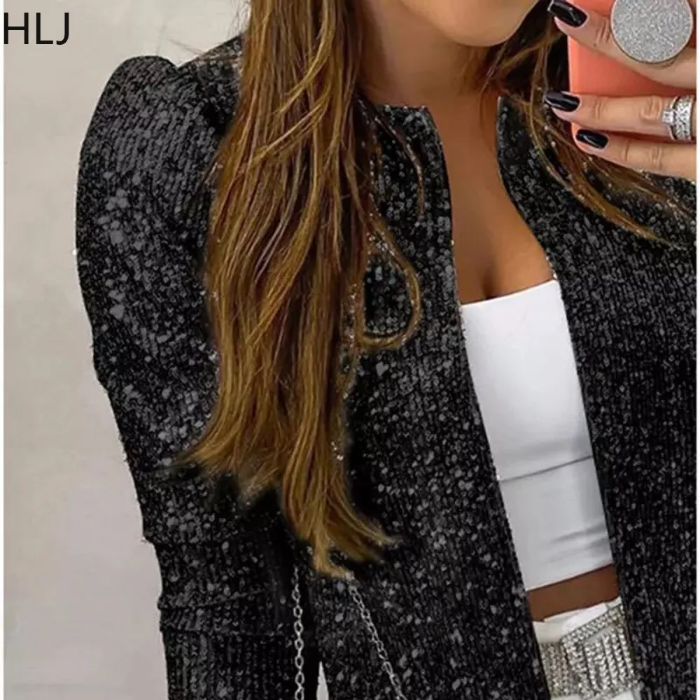 HLJ Fashion Sequin Stand Collar Splicing Crop Coats Women Sparkling Long Sleeve Slim Party Club Jacket Female Solid Matching Top