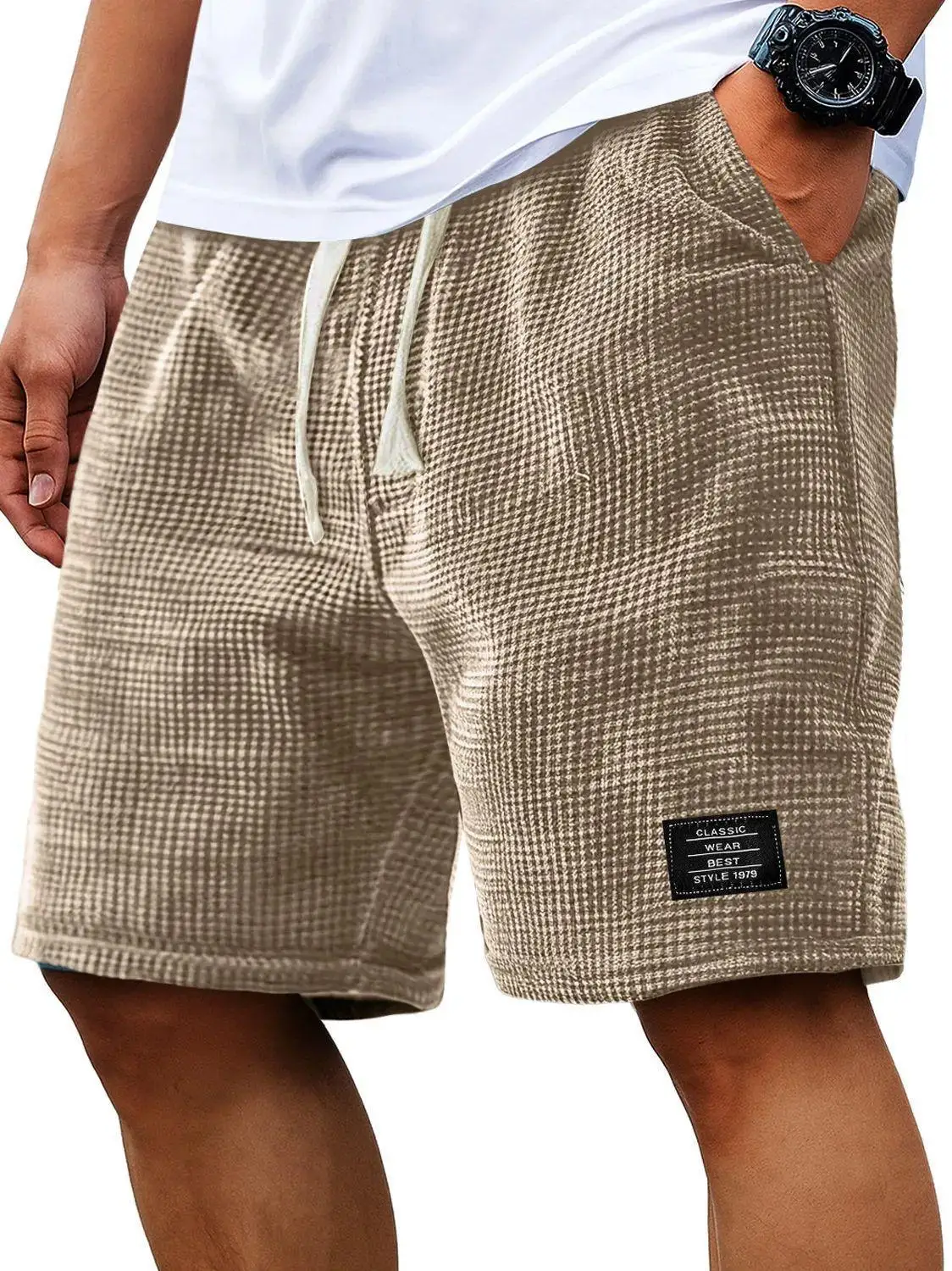 Herren-Shorts, einfarbig, mittlere Taille, Sommer, Waffelstruktur, tiefer Schritt, Kordelzug, lockere, knielange, lässige Shorts – Detail 16