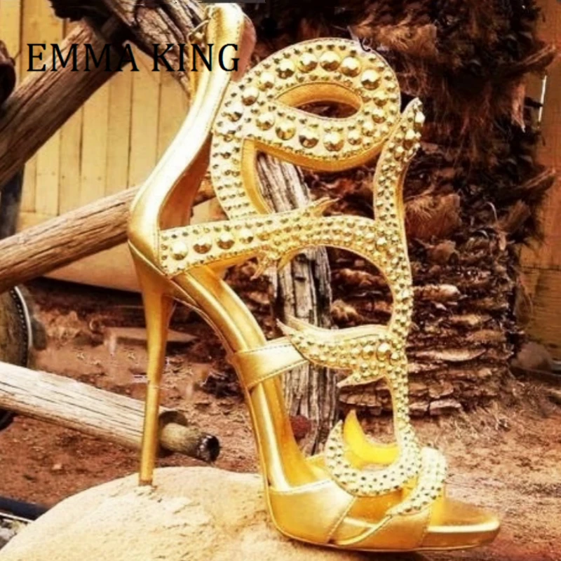 Summer Women Bling Rhinestone Sandals Sexy Luxury Design Thin High Heel Stilettos Open Toe Slip-On Party Dress Sandals Women 44