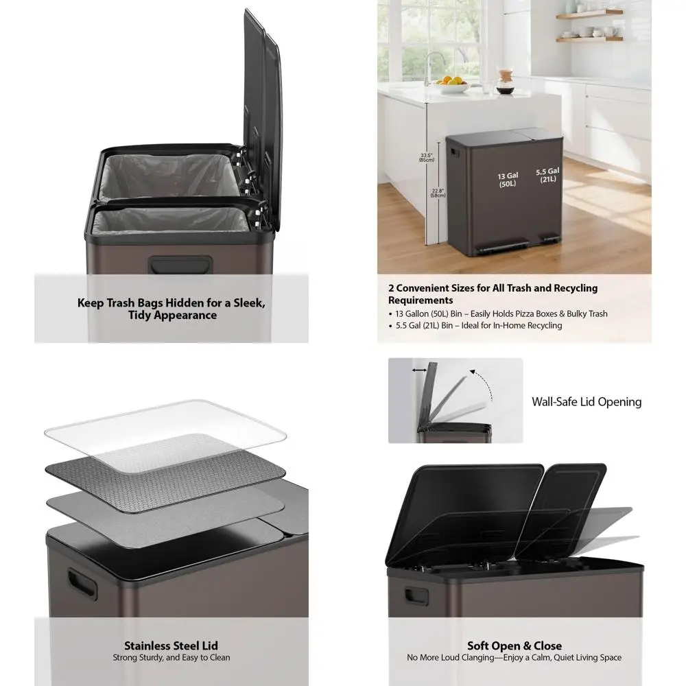 

13+5.5 Gallon Stainless Steel Dual Trash & Recycle Bin with Silent Close Lid and Heavy-Duty Foot Pedal for Easy Cleaning, Ideal