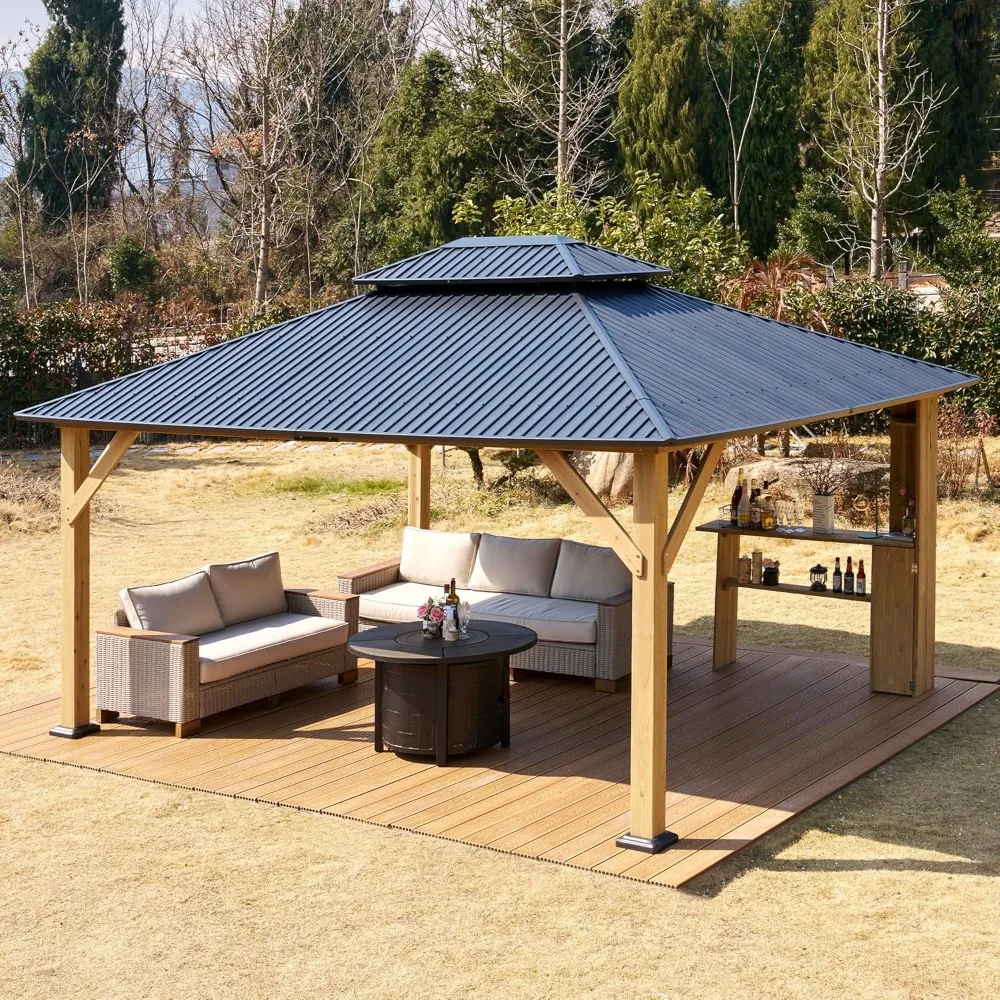 13' x 15' Hardtop Gazebo,Aluminum Frame Outdoor Gazebo with Iron Roof Double Roof, Wood Gazebo for Patio, Backyard, Lawns