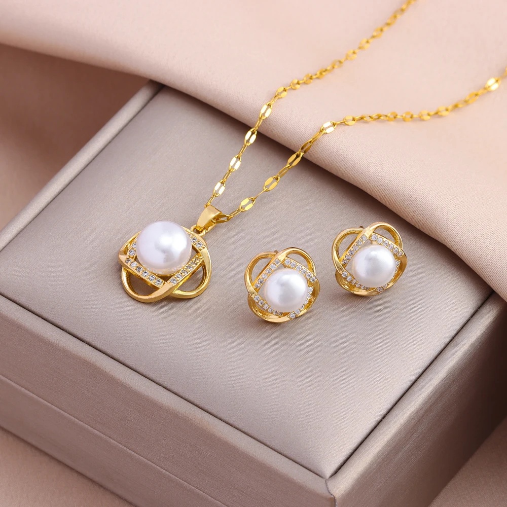 New Vintage Pearl Pendant Necklaces Earrings For Women Female Daily Wear Stainless Steel Jewelry Set Girls Party Gift Wholesale