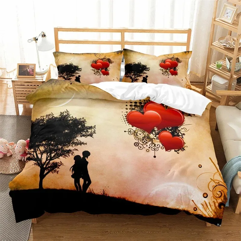 

3D Love Heart Duvet Cover Luxury Romantic Theme Bedding Set King Queen For Couple Valentine's Day Gifts Bedroom Decor
