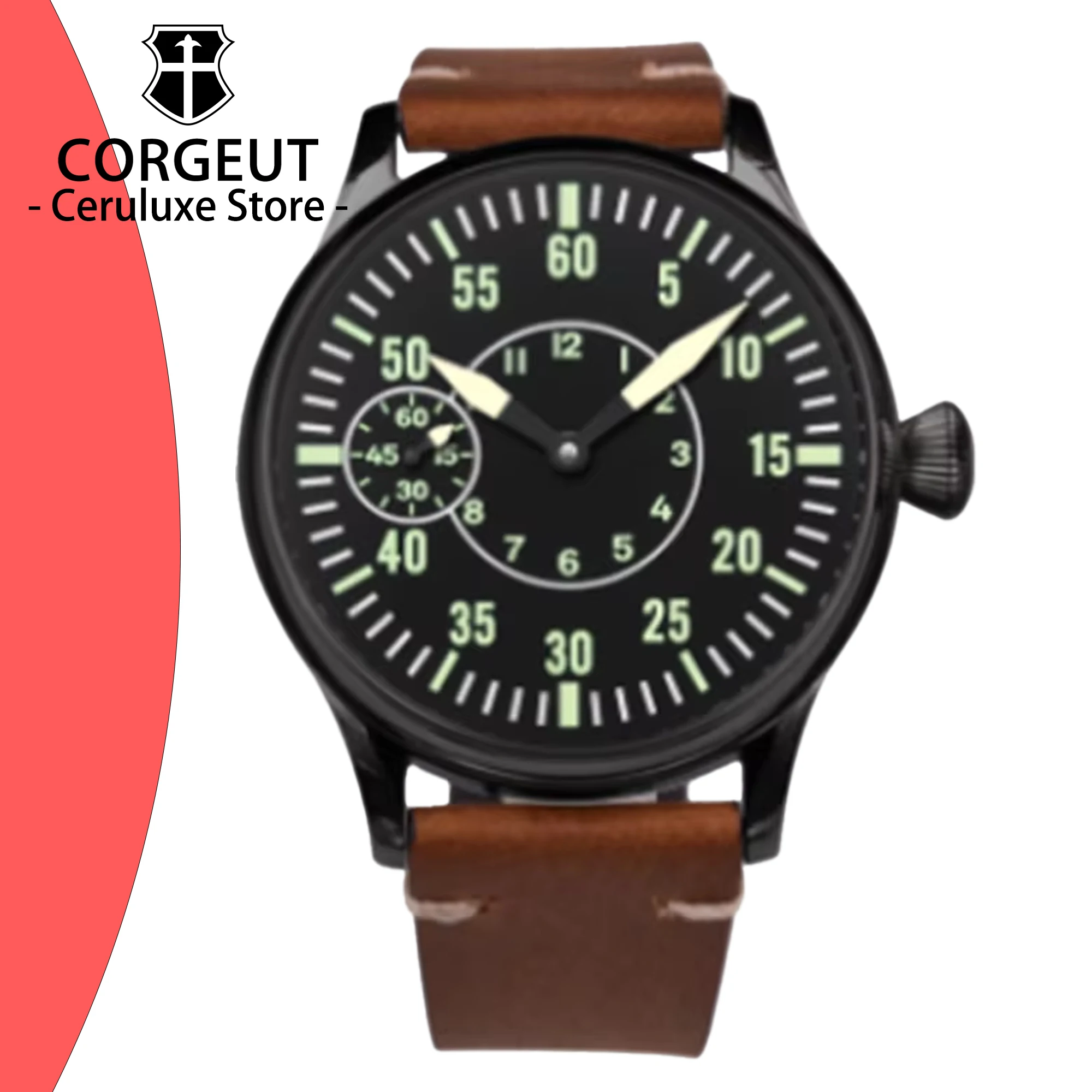 Corgeut ST3600 44mm Hand-wound mechanical watch men's hand-wound Glass custom watch leather strap dial luminous waterproof watch