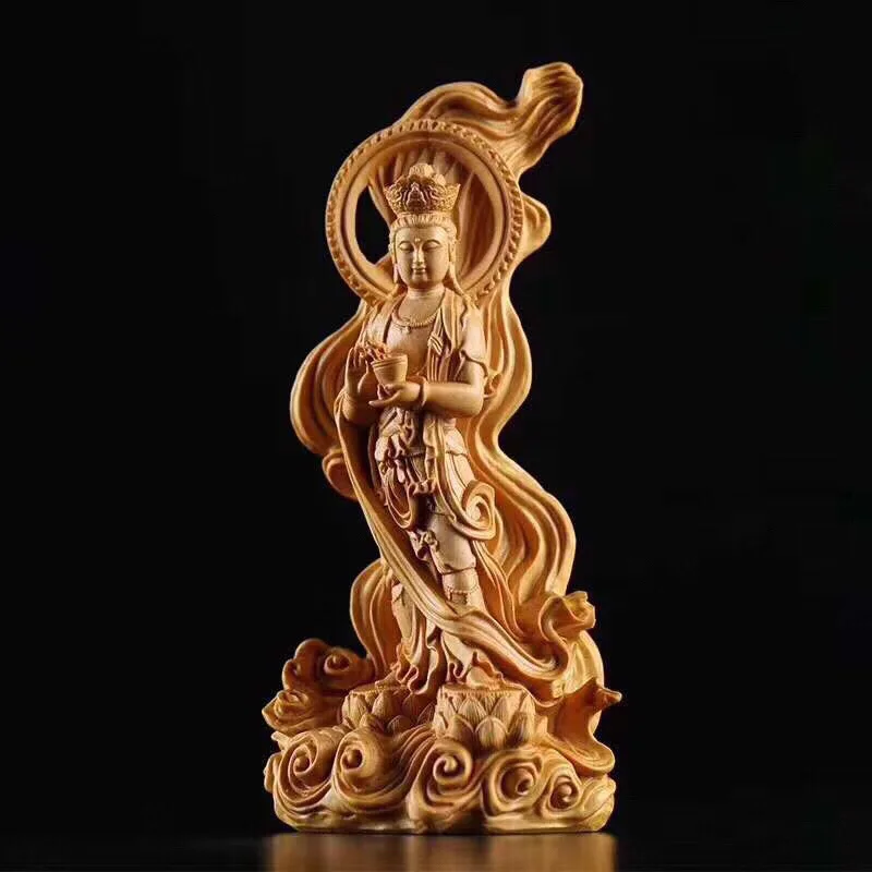 Wooden Sea-crossing GuanyinStatue Chinese Buddha Natural  Log Color Solid Wood Carving Home Living Room Decoration Statue