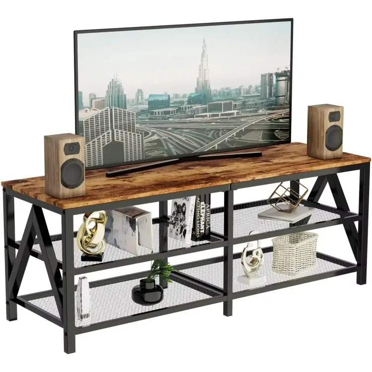 

TV Stand for 60 65 Inch TV, Long 55" Entertainment Center 3-Tier TV Console Steel Frame Industrial Style TV Cabinet