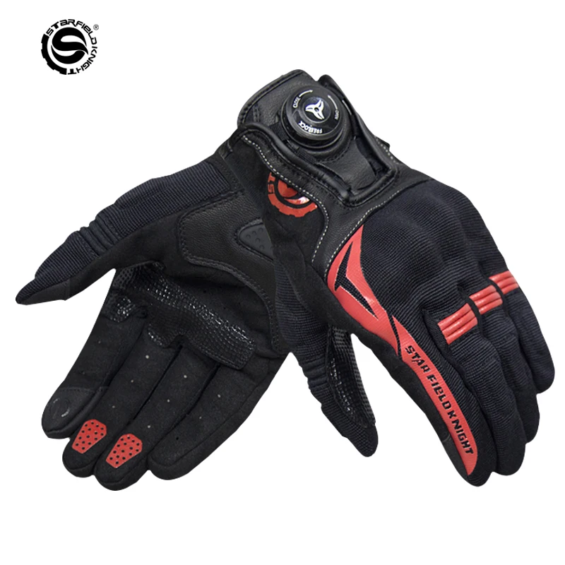 

SFK Summer Breathable Red Motorcycle Gloves Knob Tightening Design Genuine Goat Leather Riding Protection Full Finger Gloves