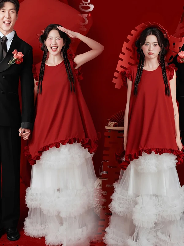 

New Wedding Photography Costume Red Engagement Banquet Return Home Banquet Wedding Dress for Brides And Grooms