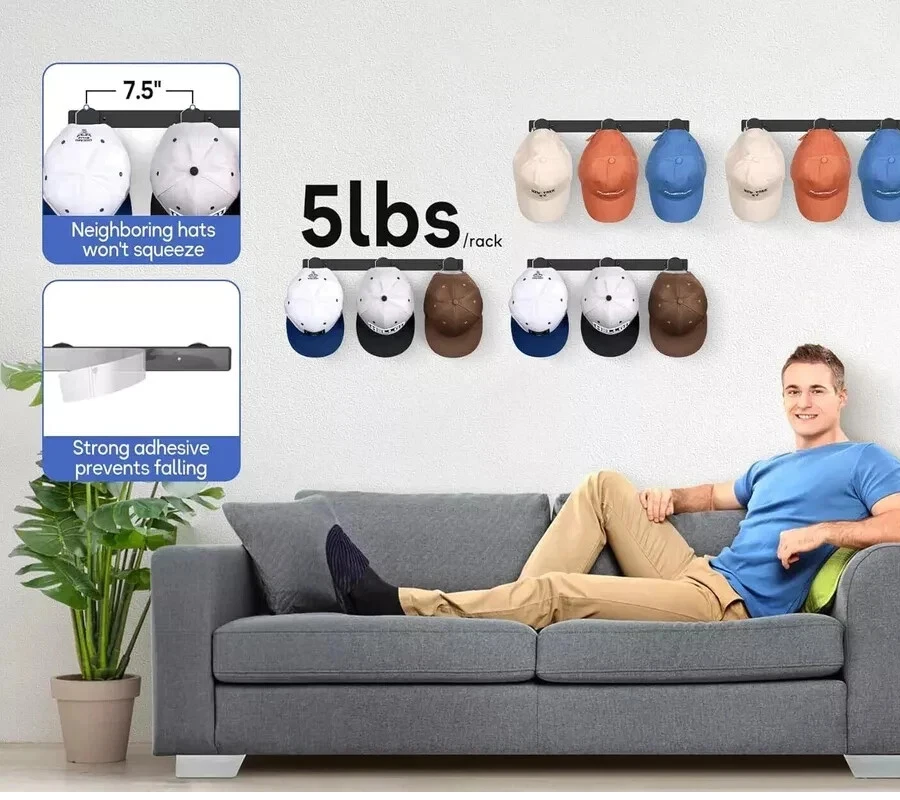 Wall Mounted Hat Holder For Baseball Caps Storage Organizer With Traceless Hooks Display Racks For Home & Store Decor