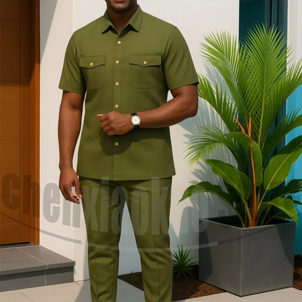 

Men's Stand Collar Suit Short Sleeves Casual Daily Outfit with Two Pockets Fashion Comfortable Solid Color Suits 2 Piece