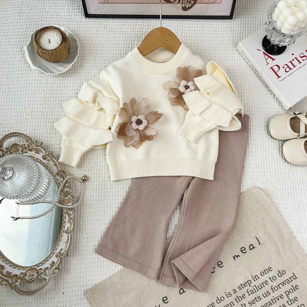 Bear Leader Korean Version Flower Sweater for Girls' Clothing Splicing Long Sleeved Knitted Round Neck Top+Micro Flared Pants