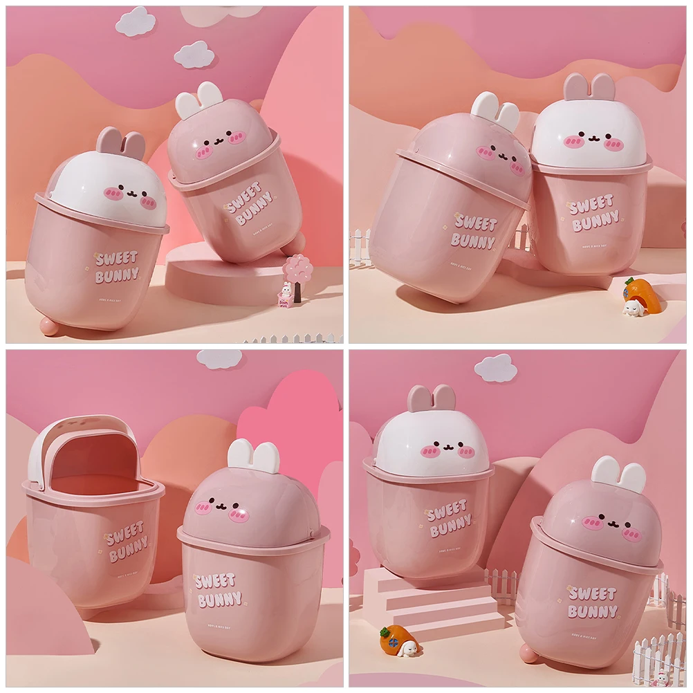 1 Mini Desktop Trash Can Cartoon Rabbit Plastic Trash bin Toilet Paper Bin Tabletop Garbage Bin With Lid Countertop Waste Bucket