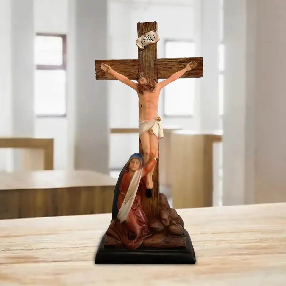 Jesus Cross with Mother Figurine Holy Desk Display Catholic Figure