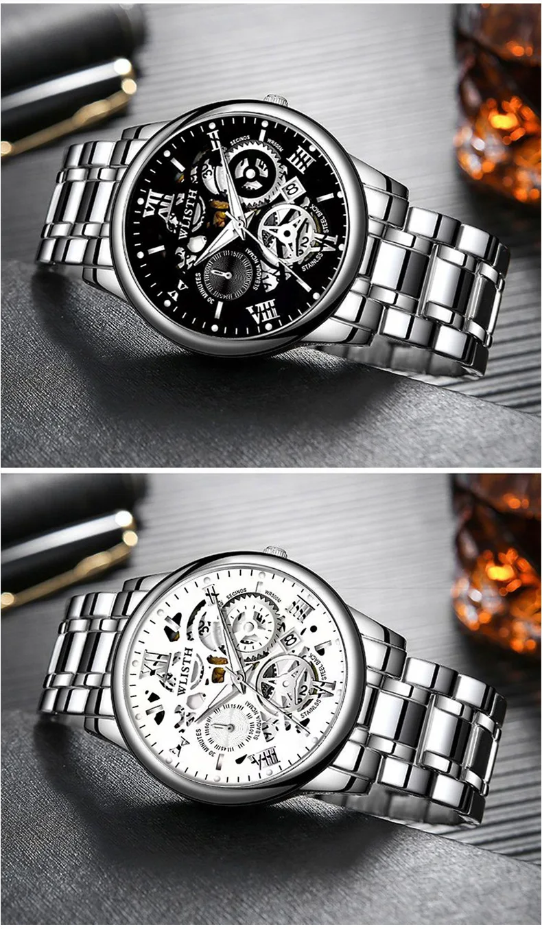 ساعة WOLISH أوتوماتيكية للرجال - ساعة تقويم مضيئة مقاومة للماء، ساعة كوارتز عصرية للأعمال ذات هيكل عظمي