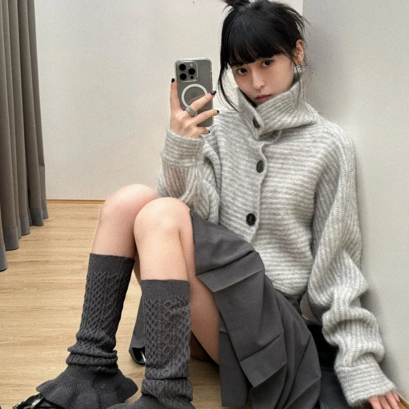 Deeptowm Y2K Gray Striped Women Sweater Vintage Turtleneck Korean Fashion Knit Cardigan Harajuku Button Autumn Loose Old Money