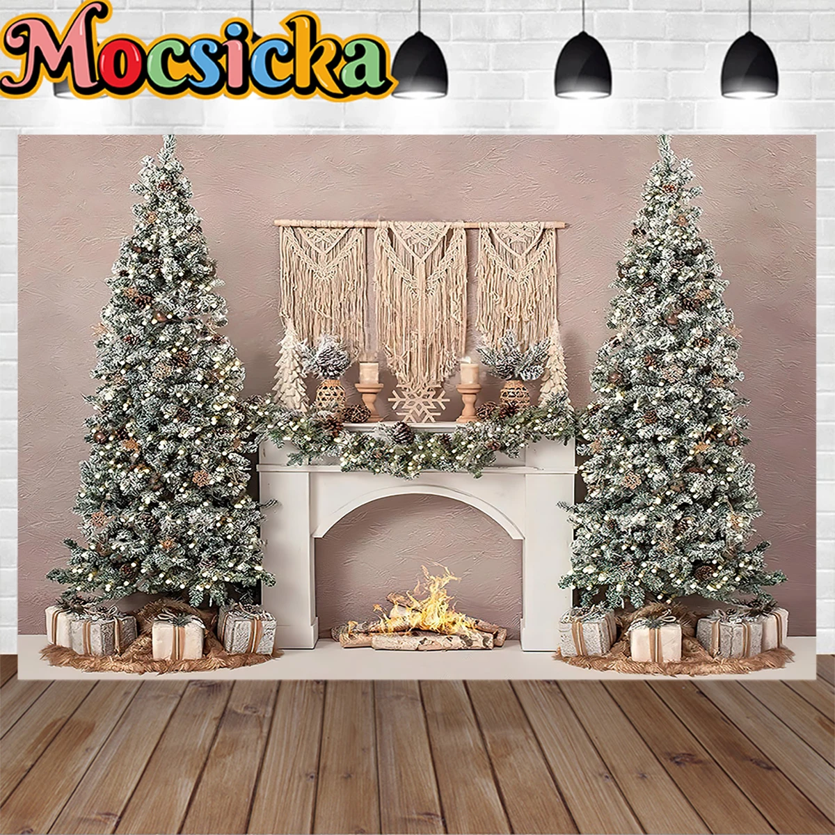 Beige Christmas Fireplace Photography Background Xmas Tree Candle Gift Backdrop Kids Family Boho Winter Room Photographic Studio