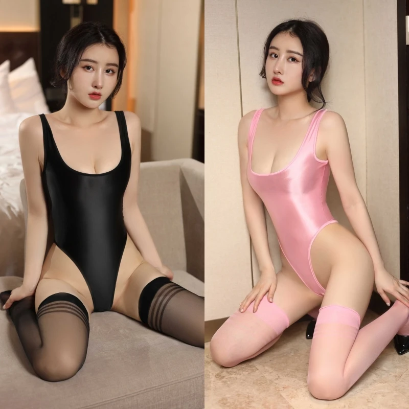 Glossy Satin Sleeveless Bodysuit Tops With Transparent Thigh High Stockings Women Sexy Open Crotch Bodystockings Lingerie Set