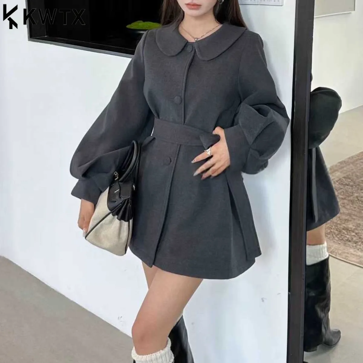 

KWTX женский однотонный шерстяной пиджак, пальто 2025 AW, с поясом, с пышными рукавами и лацканами, повседневный офисный элегантный винтажный шикарный премиум-класса