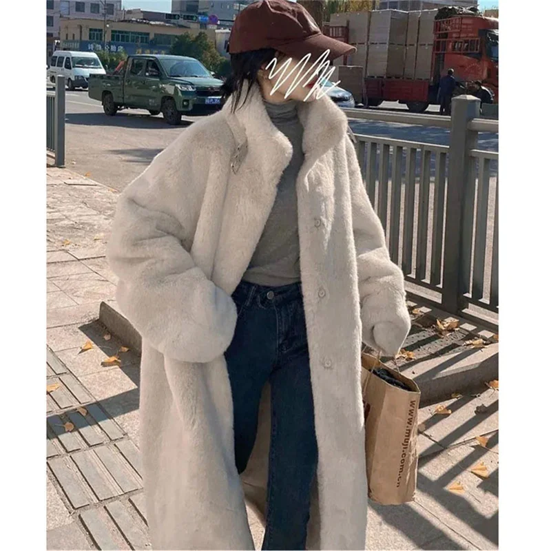 Women's Winter Coat Loose Mink Fur Buckle Mink Coat Furry Coat Female Autumn Lamb Plush Imitation Mink Rex Rabbit Fur Coat Long