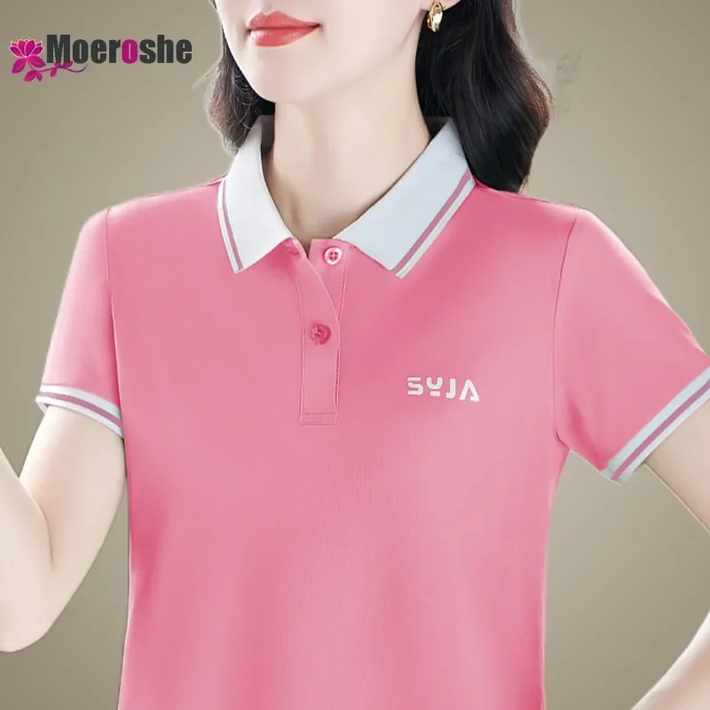 Women's Polo Shirt Short Sleeve Polo Shirt Lady T-shirts Elegant Woman Ladies Top Luxury T-shirt Tee Summer 2024 Basic Pink Tops