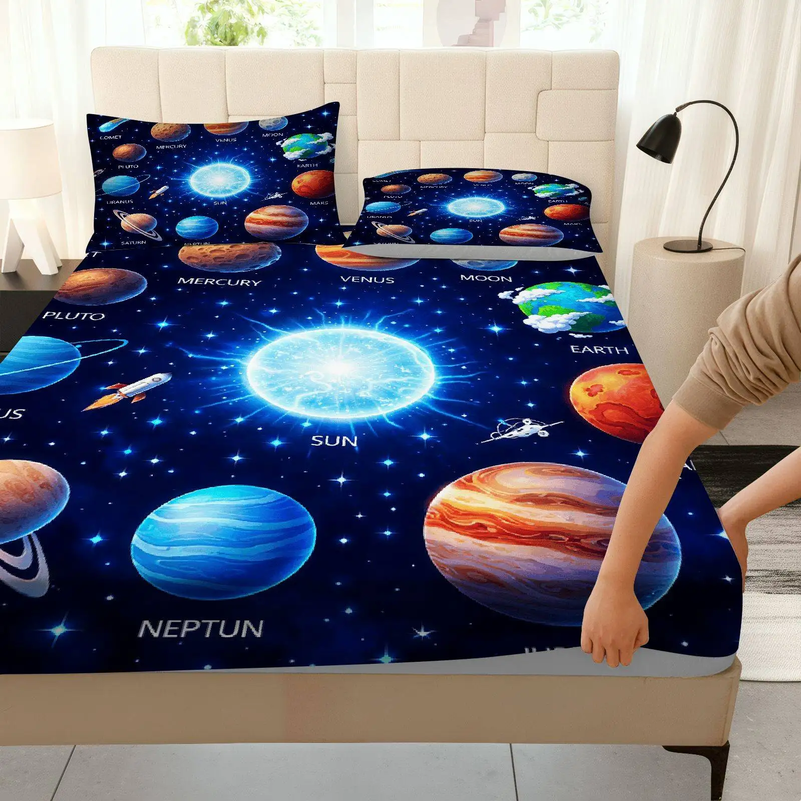 Solar system themed three-piece bedding set, breathable and comfortable mattress protector, made of breathable polyester material (includes 1 fitted sheet + 2 pillowcases). Mattress protector, fitted sheet style with elastic edges, protective cover, mattress cover, fitted sheet bedding, Christmas themed bedding