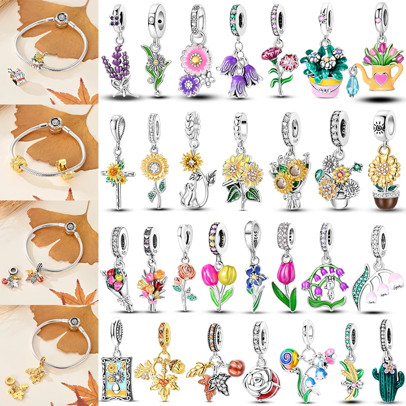

New 925 Sterling Silver Charms Beads Sunflower Flower Daisy Original Charm Pendant Fit Charm Bracelets DIY Jewelry Birthday Gift