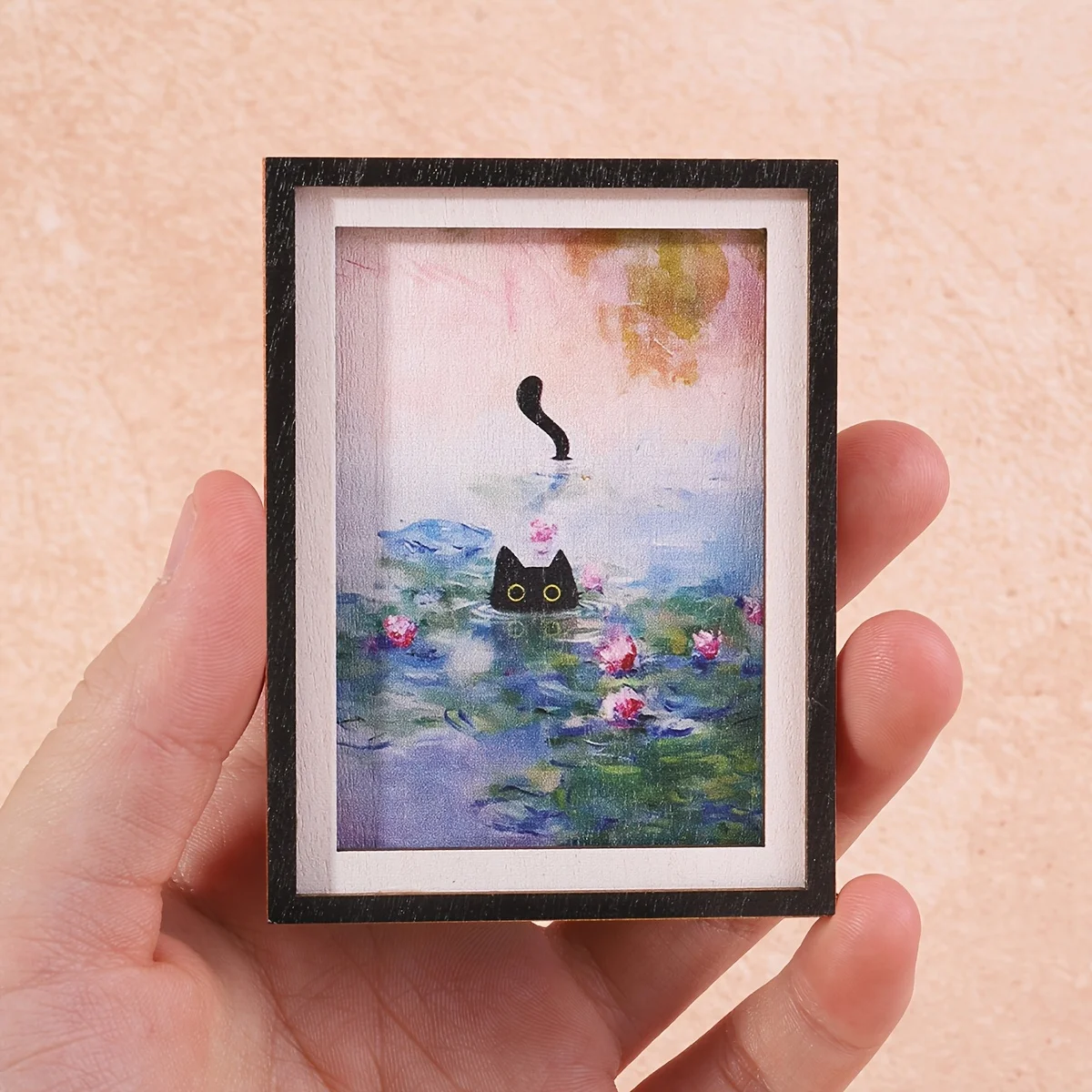 Mini-Kühlschrankmagnet in Rahmenform, Muster mit schwarzer Katze, die in einem Blumenbecken schwimmt, Heimdekoration, perfektes Weihnachtsgeschenk – Detail 2