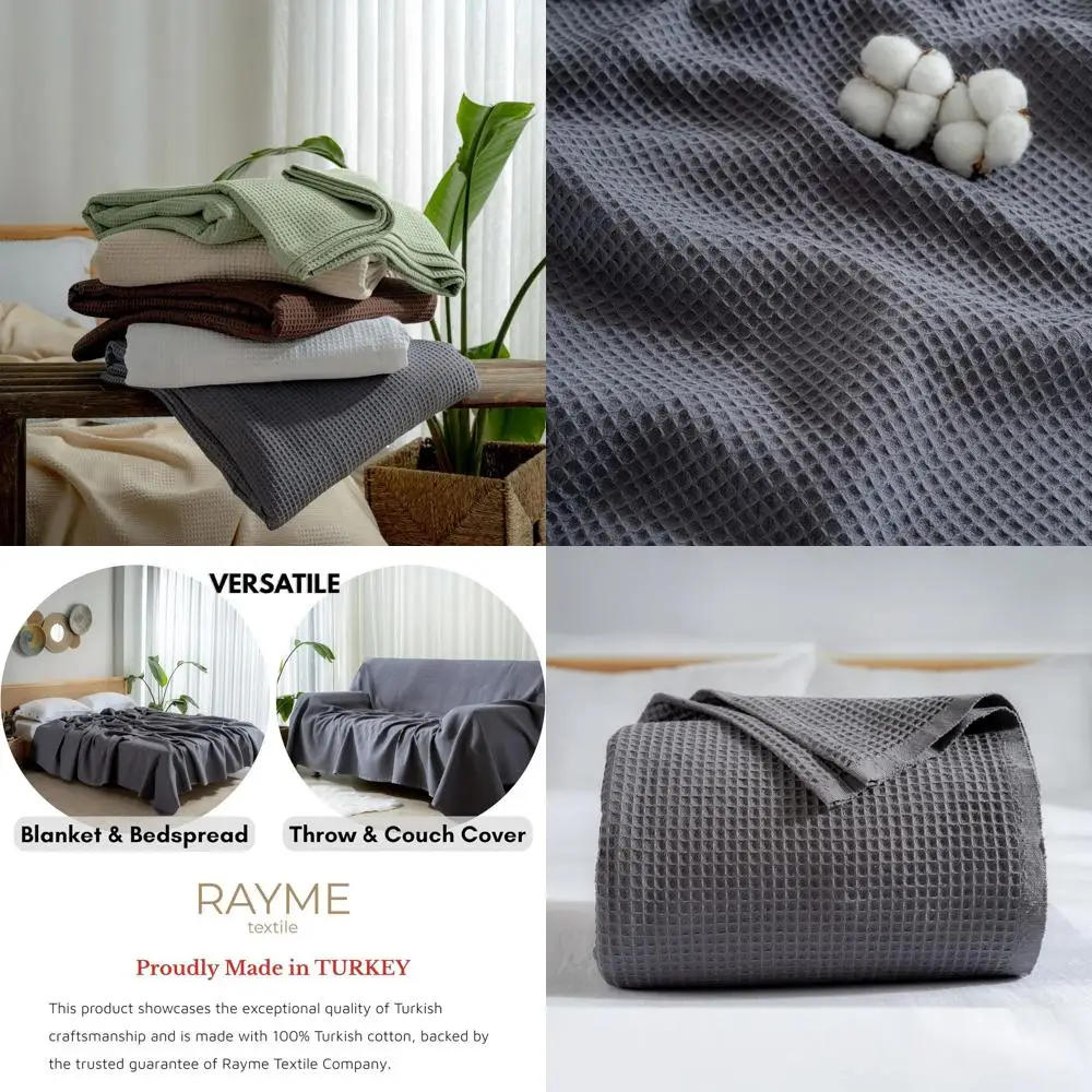 

Turkish Cotton Waffle Blanket - Cal King, Soft & Lightweight for Summer, Dark Gray, 90x125