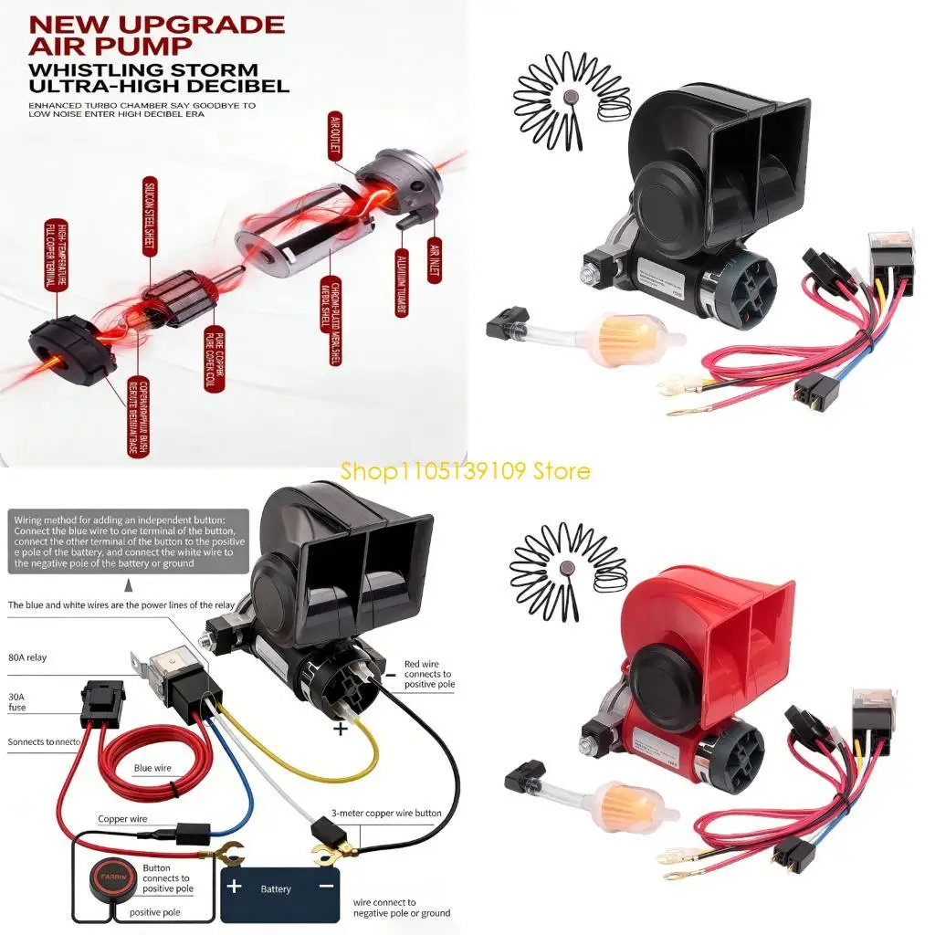 P5ED 12V Loud Air Horn Featuring Push Button Offering 120dB Sound For Effective Warning Signals Offering Easy Installation